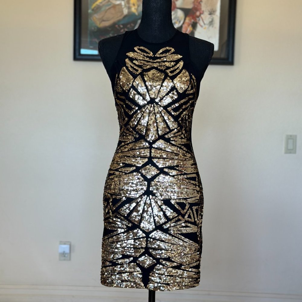 Bebe Black and Gold Sequin Mesh Bodycon Mini Cocktail Dress Size S/P